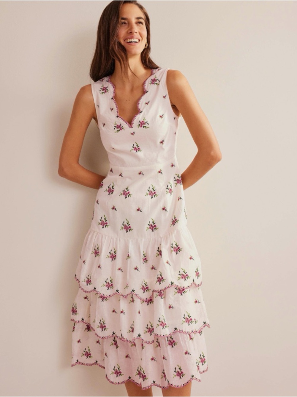 Boden Ivory Floral Embroidered Tiered Midi Dress Size US 8